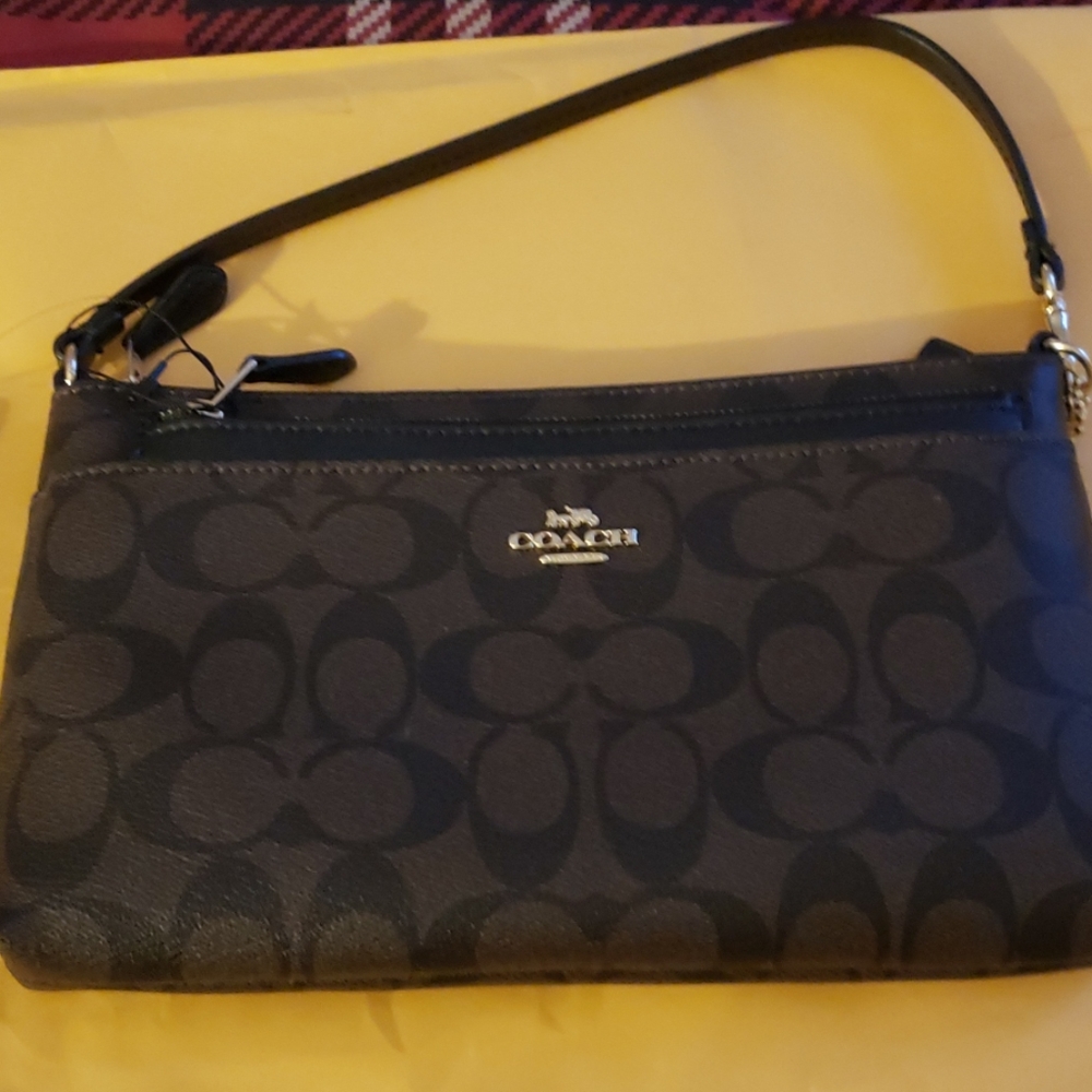 Signature PVC Pop Pouch Wristlet (Brown/Black) F52